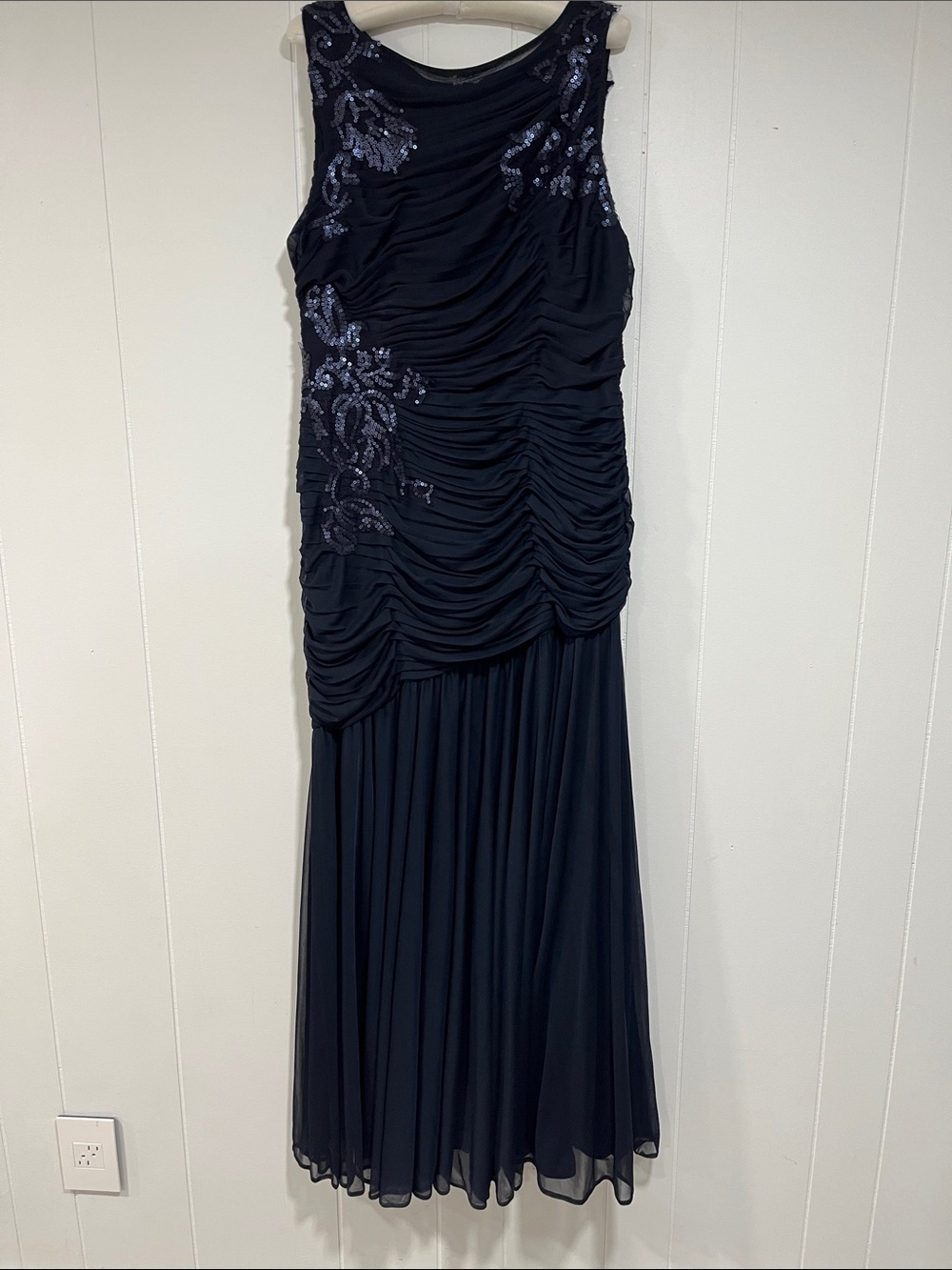 Adrianna Papell Navy Sequin Ruched Maxi Dress 16